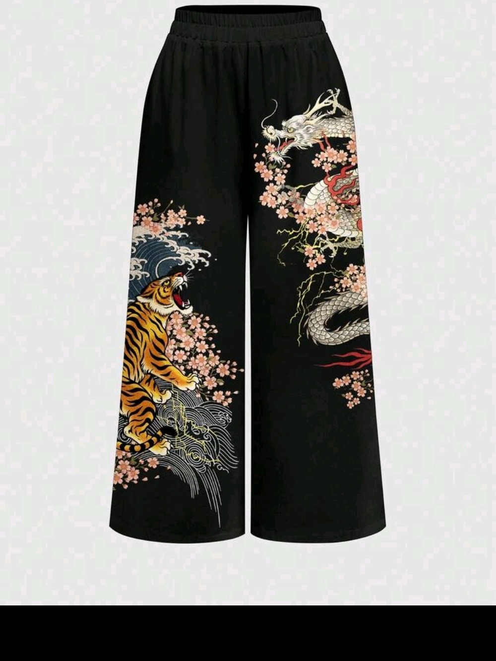 Women’s Black Wide-Leg Dragon & Tiger Print Pants